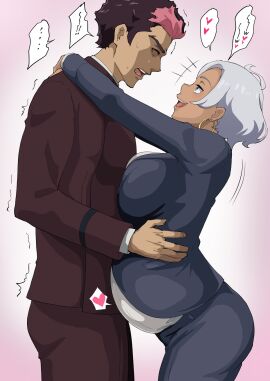 1boy 1girls bellyjob big_breasts black_hair blue_eyes breasts comic dark-skinned_female dark_skin earrings female guel_jeturk gundam gundam_suisei_no_majo highlights_(coloring) holding_hands iwao178 jewelry kissing large_breasts looking_at_another looking_at_partner male necklace pregnant romantic saliva secelia_dote short_hair tan-skinned_male white_hair wholesome