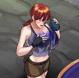 1girls beengineer black_bra blue_eyes blue_skin blue_tank_top blueberry_inflation bra breast_expansion breast_growth breast_growth_(enlargement) breasts brown_shorts drink expansion explorer female ginger ginger_hair inflation inherentlysostrange light-skinned_female light_skin medium_ass navel ponytail pool red_hair short_shorts skin_turning_blue tagme tank_top temple thin_waist tied_hair wide_hips