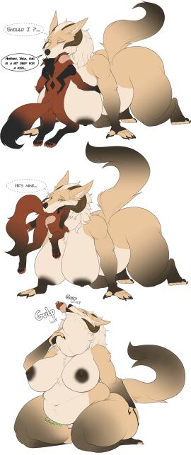 absurd_res all_fours anthro anthro_pred anthro_prey areola ass belly belly_rolls big_belly big_breasts black_areola black_nipples breasts canid canine canis chest_tuft claws crotch_tuft dialogue digital_media_(artwork) duo english_text female female_pred fingerless_(marking) fox fur hand_on_neck hanging_breasts head_first head_in_mouth hel_(shiretsuna) hi_res horn huge_breasts inner_monologue kasdal kneeling larger_anthro larger_female larger_pred licking love_handles male male/female male_prey mammal multicolored_body multicolored_fur neck_bulge neck_tuft nipples onomatopoeia oral_vore overweight overweight_anthro overweight_female pawpads red_body red_fur rumbling_stomach size_difference smaller_anthro smaller_male smaller_prey sound_effects speech_bubble tan_body tan_fur text thick_thighs tongue tuft two-tone_body two-tone_fur vore wide_hips wolf yasa_(shiretsuna) yellow_eyes