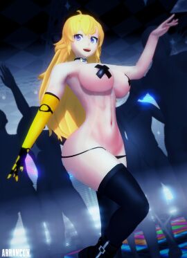 1girls arrancon blonde_female blonde_hair breasts breasts_covered female public purple_eyes rave rave_party robotic_arm rwby solo_female yang_xiao_long