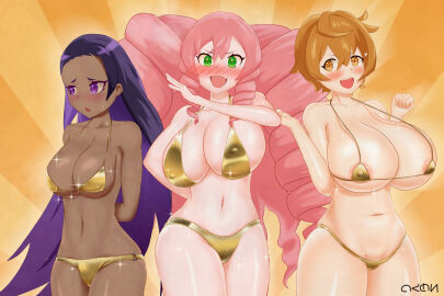 becky_(dragalia_lost) blush breasts brown_eyes brown_hair catherine_(dragalia_lost) cygames dark_skin dragalia_lost drill_hair embarrassed female gold_bikini golden_week green_eyes large_breasts laugh light_skin medium_breasts nintendo nogumele ojou-sama_pose pink_hair purple_eyes purple_hair sandy_(dragalia_lost) smile sparkles twin_drills