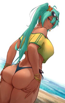1girls ass ass_support athletic athletic_female bare_shoulders beach big_ass big_thighs bikini bikini_bottom bikini_tan blue_eyes bracelet brazil brazilian brazilian_female brazilian_miku breasts bubble_ass bubble_butt busty crop_top cyan_eyes cyan_hair earrings eyeshadow female female_only fit fit_female flower_in_hair hatsune_miku hourglass_figure huge_ass huge_thighs latin_american_hatsune_miku_(meme) long_fingernails long_hair looking_at_viewer looking_back makeup mascara medium_breasts outdoors outside rear_view solo sora_raion sunglasses_on_head t-shirt tagme tan tan_body tan_skin tanline thick_hips thick_thighs thighs thong_bikini turquoise_hair twintails vocaloid wide_hips