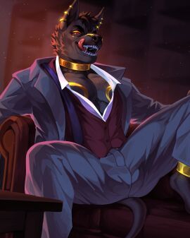 anthro anubian_jackal black_body black_fur bottomwear bulge canid canine canis clothed clothing detailed_bulge dioni5 djoser_(psychoh13) dress_shirt ear_piercing ear_ring fully_clothed fur genital_outline hi_res jackal licking licking_lips male mammal markings muscular muscular_anthro muscular_male pants pecs penis penis_outline piercing ring_piercing sharp_teeth shirt solo spread_legs spreading suit teeth tongue topwear yellow_markings