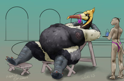 2023 anthro ass avian beak big_breasts bird black_body black_feathers blue_body bottomwear breasts clothing dated duo feathers feet female female_pred fur gradient_background grey_body hands_behind_head hi_res inside jeri_kleinlowe looking_at_another male mammal membrane_(anatomy) navel nipples pelecaniform pelican pink_bottomwear pink_clothing reclining signature simple_background smile tan_body tan_fur toes vore waiter webbed_feet white_body white_feathers yellow_body yellow_feathers