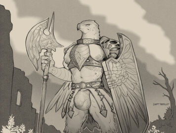 2025 accipitrid accipitriform anthro armor avian axe beak bird bulge daftpatriot elden_ring elden_ring_nightreign fromsoftware gay greyscale guardian_(nightreign) hi_res holding_axe holding_object holding_shield male male_focus male_only monochrome shield solo solo_focus