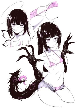 1girls bags_under_eyes bikini black_hair black_sclera blunt_bangs blush breasts claws colored_sclera female female_focus karasu_raven long_hair mini_bikini monster_girl multi_mouth navel nipples original pink_eyes short_shorts shorts small_breasts swimsuit unbuttoned