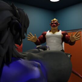 anthro bedroom big_breasts blue_body breasts dergdrister dragon drissy_(dergdrister) duo eye_contact futanari hand_on_breast herm intersex intersex/male looking_at_another male muscular mythological_creature mythological_scalie mythology narrowed_eyes nipple_piercing nipples piercing red_body scalie seductive slightly_chubby smile surprise tongue tongue_out tyler_(dergdrister)