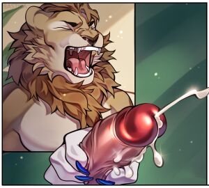 abstract_background bastika black_lips blue_claws bodily_fluids brown_body brown_fur brown_nose cheek_tuft claws closed_eyes comic cum cum_on_hand cum_on_penis duo ejaculation eyebrows facial_tuft fangs felid female finger_claws foreskin fur genital_fluids genital_focus genital_shot genitals glans handjob hi_res holding_penis humanoid_genitalia humanoid_penis karo_(karo-stella) lion lips male male/female male_focus mammal mane mostly_offscreen_character multicolored_body multicolored_fur open_mouth orgasm pantherine pawpads pecs penile penis penis_shot pink_penis pink_tongue red_glans retracted_foreskin screaming sex sharp_teeth stella_evans tan_body tan_fur teeth tiger tongue tuft uncircumcised uvula vein veiny_penis white_body white_fur