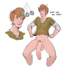 1boy ahoge balls big_penis bottomless english_text flaccid green_shirt hypnosis male male_only navel penis precum pubic_hair scooby-doo scruffley shaggy_rogers shirt shirt_lift solo solo_male t-shirt testicles veiny_penis white_shirt