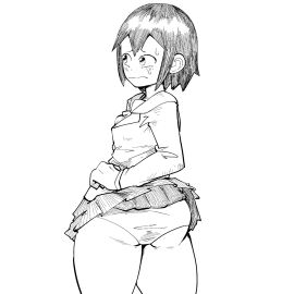 1girls alternate_version_at_source asakusa_midori asian_female ass blush_lines box_chan eizouken_ni_wa_te_wo_dasu_na! embarrassed female greyscale japanese_female line_art panties school_uniform schoolgirl_uniform short_female short_hair showing_panties skirt solo solo_female sweatdrop tie upskirt