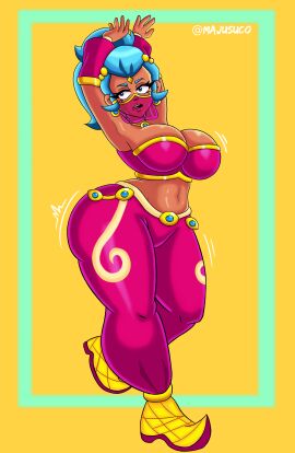 1girls ass big_ass big_breasts big_hips big_thighs blue_hair brawl_stars breasts brown_skin clothing dancer dancing female majusuco shelly_(brawl_stars) shelly_dancer_(brawl_stars) thick_thighs