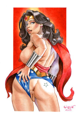 amazon anal_invitation anus ass back_view big_breasts breasts female large_anus leotard pussy solo spreading_ass wonder_woman yuranart