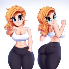 1girls 2d 2d_(artwork) ass back_view big_ass big_butt blonde_hair blue_eyes bottomwear breasts cleavage clothed clothed_female clothing cute cute_expression eyelashes female light-skinned_female light_skin looking_back meme multiple_poses multiple_positions original original_character pose saymanart solo_female solo_focus tank_top topwear