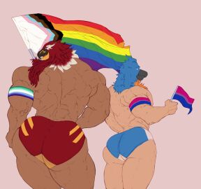 absurd_res animal_mask avian bird bluebird demitiger1 eastern_bluebird fatal_fury flag hi_res humanoid lgbt_pride male male/male mask muscular muscular_male neptune_mereaux oscine passerine pride_color_flag pride_colors size_difference sports_mask sportswear thrush_(bird) tizoc wrestler wrestling_briefs wrestling_mask wrestling_outfit