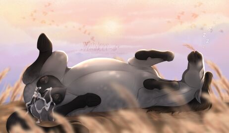 ass black_nipples black_teats bodily_fluids brown_mane closed_eyes cum cum_on_anus cum_on_ass cum_on_butt cum_on_pussy cum_on_teats equid equine female feral genital_fluids grey_body hi_res horse huskii-s leg_markings lying mammal mane markings mouth_closed nipples on_back outside pussy sky socks_(marking) solo