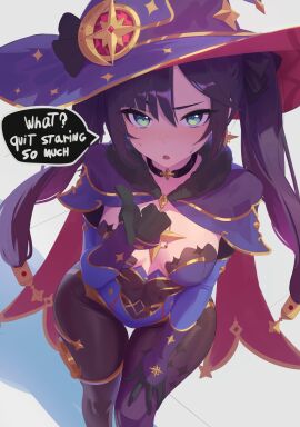 1girls absurdres anonds31 black_gloves black_hair blue_cape blue_hat blue_leotard blush bodystocking breasts brown_pantyhose cape choker cleavage commentary covered_navel detached_sleeves earrings english_text female fur_collar genshin_impact gloves gold_trim green_eyes hat hat_ornament highleg highleg_leotard highres jewelry leotard long_hair looking_at_viewer medium_breasts mona_(genshin_impact) open_mouth paid_reward_available pantyhose solo speech_bubble star_(symbol) star_earrings thighlet thighs twintails witch_hat