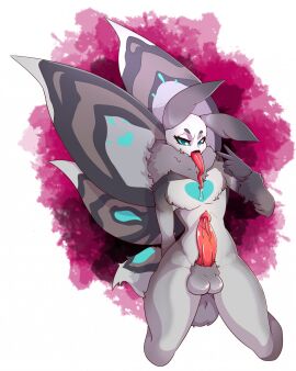 2022 andrawyou balls blue_eyes bug femboy furry gray_body gray_fur grey_body grey_fur grey_skin long_tongue male male_only moth moth_boy nova_(infinity_warrior) on_knees original original_character peace_sign penis precum precum_drip purple_background tongue tongue_out white_background wings