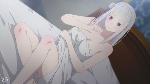 1girls breasts cleavage clothes_removed covering_breasts elf elf_ears elf_female emilia_(re:zero) female keihh kidnapped light-skinned_female light_skin naked naked_female nude nude_female on_bed purple_eyes re:zero_kara_hajimeru_isekai_seikatsu silver_hair solo stripped_naked thighs undressed