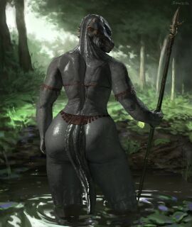alternate_version_at_source alternate_version_available argonian argonian_female artistic_nude artistic_nudity ass ass_focus bottom_heavy bubble_ass bubble_butt digital_painting_(artwork) female female_focus female_only large_ass lizard_girl lizard_humanoid looking_at_viewer looking_back non-human nonsexual nonsexual_nudity pinup scalie scalie_female skyrim solo_female solo_focus sonazith spear the_elder_scrolls