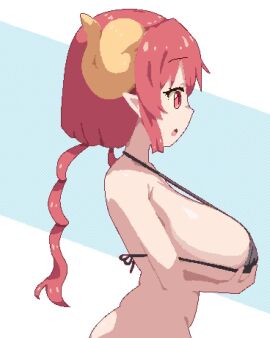 animated bikini bikini_top_only black_bikini bottomless breast_lift breasts commentary dimples_of_venus dragon_horns drill_hair english_commentary female horns huge_breasts ilulu_(maidragon) jordan_reine kobayashi-san_chi_no_maidragon looping_animation micro_bikini navel pixel_art pointy_ears red_eyes red_hair shortstack sideways_mouth solo swimsuit tagme twin_drills upper_body video