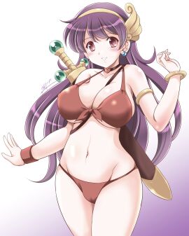 1girls artist_name athena_(series) big_breasts bikini breasts busty cameltoe child_bearing_hips cleavage curvy female female_only highres jpeg large_breasts legs long_hair navel parted_lips princess_athena purple_hair pussy red_bikini red_eyes smile solo swimsuit sword thick_thighs thighs voluptuous weapon
