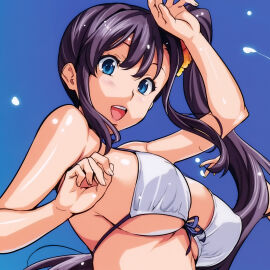 amaya_haruko bare_shoulders big_breasts bikini bikini_top blue_eyes breasts color colored female female_focus female_only hair_between_eyes hair_tie high_resolution highres long_hair looking_at_viewer maken-ki! nipple_bulge official_art open_mouth purple_hair side_ponytail smile smiling smiling_at_viewer swimsuit takeda_hiromitsu upper_body white_bikini white_swimsuit