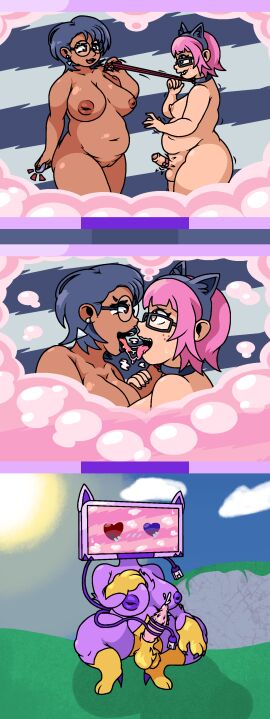 absurd_res accessory anthro balls big_hands black_lipstick blue_hair blush blush_lines bodily_fluids body_hair breasts breath cassette_beasts cat-5_(cassette_beasts) cat_ear_headband chest_fur claws close-up clothing cloud crouching dominant dominant_female drooling duo ear_piercing ear_ring ejaculation electronics eyewear facial_markings female female/female footwear for_a_head frankie_(cassette_beasts) freckles fusion futanari fuzzy_balls genitals glasses hair hairy_balls hand_on_breast hand_on_face head_markings headband heart_eyes heart_symbol herm hi_res high_heels holding_object human implied_transformation intersex intersex/female kissing kuneko_(cassette_beasts) leash leash_pull lipstick looking_at_another looking_pleasured makeup mammal markings meredith_(cassette_beasts) narrowed_eyes nipples nude object_head orgasm outside overweight panting penile penile_spines penis piercing pink_hair purple_body pussy ring_piercing saliva saliva_string sex sex_toy shaking shivering slightly_chubby smile solo somedutchweirdo submissive submissive_female sun sweat tail tail_around_penis tail_fetish tail_play tail_sex tailjob teeth tongue tongue_out trans_woman transfem transformation usb usb_tail vibrator vibrator_controller vibrator_on_penis