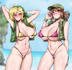 2girls absurdres areola_slip bandana baseball_cap bikini blonde_hair blush breasts brown_eyes brown_hair cleavage covered_erect_nipples eri_kasamoto female fio_germi gggg glasses green_bandana hat highres large_areolae large_breasts long_hair looking_at_viewer metal_slug midriff multiple_females multiple_girls navel open_clothes open_vest ponytail round_eyewear shiny_skin smile snk sweat swimsuit
