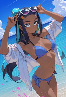 1girl 1girls ai_generated armpits arms_up bikini black_hair blue_bikini blue_eyes blue_hair blue_sky breasts dark_skin earrings eyeliner eyeshadow forehead gym_leader hair_bun hoop_earrings jewelry long_hair looking_at_viewer makeup medium_breasts multicolored_hair navel nessa_(pokemon) ocean owari_wan pokemon_ss side-tie_bikini sky solo string_bikini swimsuit two-tone_hair