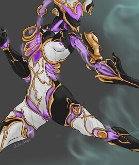 absurd_res biped digital_extremes energy female floating genitals glowing glowing_genitalia glowing_pussy gold_(metal) hi_res humanoid machine nipples pussy simple_background skeletal solo tencent warframe warframe_(species) xaku_(warframe) zulu_uwu