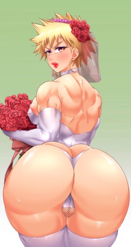 1boy 2d ass ass_cleavage ass_crack back_view balls big_ass blonde_hair boku_no_hero_academia bouquet bride butt_crack clothes collar crossdressing earrings elbow_gloves femboy feminized_male flower gloves gradient_background highres hoop_earrings huge_ass jewelry katsuki_bakugou lips lipstick looking_at_viewer looking_back makeup male male_bride male_only muscular muscular_male my_hero_academia panties penis piercing rear_view red_eyes red_flower short_hair small_penis solo solo_focus suiren_ciao testicles thighhighs underwear wedding_dress white_panties
