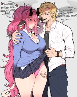 1boy 1girls blonde_hair blush body_writing breasts cigarette cleavage cleavage_cutout cow_ears cow_girl cow_horns degradation degrees_of_lewdity dialogue digital_media_(artwork) female gyaru-oh gyaruo jealous kylar_(dol) large_breasts lifting_shirt long_hair male ntr panties pantyshot pink_hair pink_panties possession praise rins_titties school_uniform schoolgirl short_skirt skirt skirt_lift sweat sweater uniform whitney_(dol)