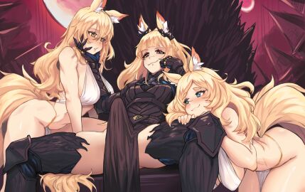 1futa 1girls animal_ear_fluff animal_ears arknights balls bent_over blemishine_(arknights) blemishine_(moon_catastrborn)_(arknights) blonde_hair blue_eyes blush bottomless breasts bulge clothed clothing duo erection erection_under_clothes female futa_on_female futanari intersex large_breasts light-skinned_female light-skinned_futa light_skin long_hair multiple_females multiple_girls nearl_(arknights) nipples orange_eyes paid_reward partially_clothed penis radioneet sitting smile source_request tail testicles whislash_(arknights) yellow_eyes