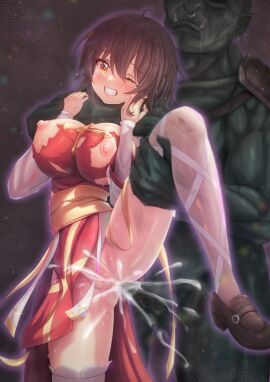 1boy absurdres anal arch_bishop_(ragnarok_online) ass blush breasts brown_eyes brown_footwear brown_hair censored clenched_teeth clothed_female_nude_male clothed_sex clothing colored_skin commission cross cum cum_in_ass dress ejaculation faceless faceless_male female foot_out_of_frame green_skin hair_between_eyes highres large_breasts leg_lift loafers long_bangs looking_at_viewer male mosaic_censoring nipples no_panties nose_piercing nose_ring nude one_eye_closed orc orc_warrior_(ragnarok_online) pelvic_curtain penis piercing psd_available pussy pussy_juice ragnarok_online red_dress sash see-through_clothes see-through_thighhighs sex shoes short_hair skeb_commission solo_focus standing standing_sex stockings straight teeth thighhighs torn_clothes torn_dress tusks white_thighhighs yellow_sash zusshii_(libertasgenesis)