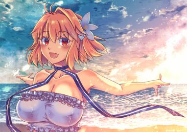 alternate_breast_size arcueid_brunestud bare_shoulders beach big_breasts bikini blonde_hair blush breasts breasts_bigger_than_head cleavage female highres huge_boobs huge_breasts isurugiratone large_boobs large_breasts looking_at_viewer open_mouth red_eyes short_hair smile solo swimsuit thighs top_heavy tsukihime white_bikini