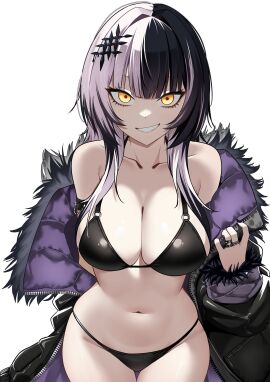 absurdres bikini black_bikini black_hair black_jacket black_nails blunt_bangs breasts cleavage female fur-trimmed_jacket fur_trim gluteal_fold grey_hair grin hand_up highres hololive hololive_english hololive_english_-advent- jacket jacket_partially_removed jewelry large_breasts long_hair looking_at_viewer multicolored_hair nail_polish navel o-ring o-ring_top purple_jacket quilted_jacket raikkonen revision ring shiori_novella simple_background smile solo split-color_hair stomach swimsuit thigh_gap two-sided_fabric two-sided_jacket virtual_youtuber white_background yellow_eyes