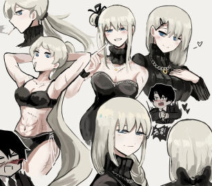 abs angelica_(library_of_ruina) blushing_male breasts cleavage female korean_text library_of_ruina male project_moon roland roland_(library_of_ruina) scar tying_hair