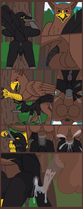 anal anal_sex anthro anthro_on_feral anus ass avian balls bird black_tongue bodily_fluids comic corvid corvus_(genus) crow cum cum_in_ass cum_inside duo feathered_wings feathers feral genital_fluids genitals gryphon hi_res male male/male midnightgryphon mythological_avian mythological_creature mythology nude oscine outside passerine penetration penile penile_penetration penis penis_in_ass plant sex size_difference tapering_penis tongue tree wings zoophilia
