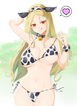 bell_collar big_breasts bikini blonde_hair breasts cleavage collar cow_ears cow_print female heart hourglass_figure licking licking_lips long_hair marvelous mzknk0 senran_kagura senran_kagura_shinovi_versus shiki_(senran_kagura) tagme tongue