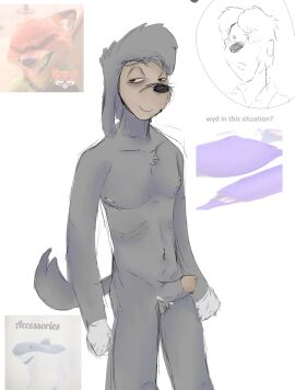 anthro anthro_only bad_hands bradley_uppercrust_iii chest_tuft disney eyebags free_space fur goof_troop grey_body grey_tail lip_piercing male male_only max_goof mixed_skin nipple_piercing nipples penis penis_out penis_piercing piercing ribs shocked sketch standing tired