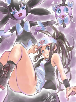 ass baseball_cap blue_eyes boots brown_hair dousoshin gothita gothitelle hat hilda_(pokemon) legs looking_at_viewer nintendo pokemon pokemon_(species) pokemon_bw purple_skin shirt signature star_(symbol) thick_thighs white_shirt