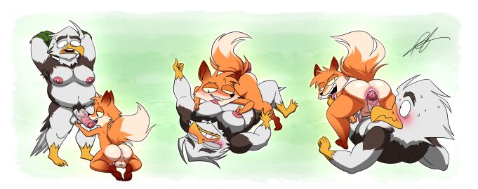 aaron_dye accipitrid accipitriform anthro avian big_chest bird canid canine duo eagle foreplay foreskin fox genitals gesture hand_gesture hi_res male male/male mammal penis raymond_king raymond_king_(artist) rocky_rakoon_(artist) shy taking_off_shirt thumbs_up uncircumcised