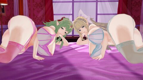 2girls 3d arisat arm_support ass bangs bare_arms bare_thighs bed bedroom bedroom_eyes big_breasts bimbo blonde_hair blue_bra blue_eyes blue_panties bra breasts charlotte_(fire_emblem) cleavage come_hither curvy female female_only fire_emblem fire_emblem_awakening fire_emblem_fates gigantic_breasts green_eyes green_hair hourglass_figure huge_ass huge_breasts hyper_breasts imminent_sex indoors inviting inviting_to_sex large_breasts lingerie long_hair looking_at_viewer massive_breasts multiple_females multiple_girls nintendo on_bed pink_bra pink_panties pointy_ears ponytail seductive sideboob story_at_source take_your_pick thick_thighs thighhighs thighs tiki_(fire_emblem) tiki_(fire_emblem)_(adult) underwear very_long_hair voluptuous wide_hips window yellow_hair