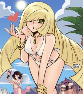 beach bent_forward big_breasts bikini blonde_hair blowing_kiss bra_pull breasts classy classy_female cleavage female heart long_hair looking_at_viewer lusamine_(pokemon) milf navel pokemon pokemon_sm rich rich_female thick_thighs thighs wanderjegson wicke_(pokemon) wink