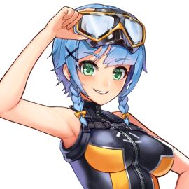 adjusting_goggles armpits bare_shoulders big_breasts blue_hair blush braid breasts color diving_mask diving_mask_on_head diving_suit female female_focus female_only fringe fringe_hair front_zipper front_zipper_swimsuit game_cg goggles goggles_on_head green_eyes last_origin looking_at_viewer not_porn one-piece_swimsuit one_piece_swimsuit ribbon ribbon_in_hair safe safe_for_work sangobob_(artist) sfw short_hair smile smiling smiling_at_viewer swimsuit transparent_background triaina_(last_origin) twin_braids upper_body x_hair_ornament yellow_ribbon