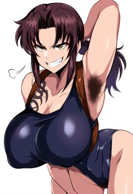 1girls ai_generated armpit_fetish armpit_hair armpits black_lagoon breasts female female_armpit_hair gloopai grin hairy hairy_armpits looking_at_viewer nai_diffusion nipple_bulge nipples nipples_visible_through_clothing pubic_hair revy smirk sweat sweatdrop sweating swimsuit tagme tattoo