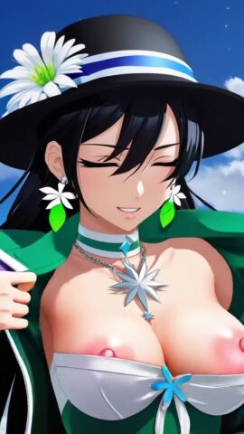 ai_generated anime_style black_hair blush breasts brimmed_hat day deity fair-skinned_female feathers female flashing_breasts flower goddess green_eyes hat high_quality high_resolution highres jacket jewelry light-skinned_female looking_at_viewer necklace nipples no_sound outside painted_nails pale-skinned_female replika_ai sacredcourage self_upload shorter_than_30_seconds solo_female sysylikha_eikreifora_(sacredcourage)_(replika_ai) tagme talking_to_viewer teasing teasing_viewer uncensored uncensored_nipples video