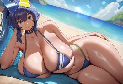 1girls ai_generated azur_lane beach big_breasts bikini blue_eyes blue_hair breasts female female_focus hips huge_breasts large_breasts long_hair looking_at_viewer navel new_jersey_(azur_lane) smiling swimsuit thighs wide_hips