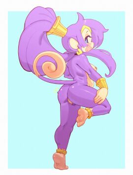 1girls 2024 anklet ass bent_leg blue_eyes blush breasts earrings female female_only fur gold_wristband haplorhine long_hair looking_at_viewer looking_back looking_back_at_viewer monkey monkey_girl monkey_shantae monkey_tail nalu_(artist) nalu_chaaan nipples nude nude_female open_mouth ponytail primate purple_fur purple_hair pussy rear_view shantae shantae:_half-genie_hero shantae_(character) smiling smiling_at_viewer solo standing_on_one_leg tail wristband