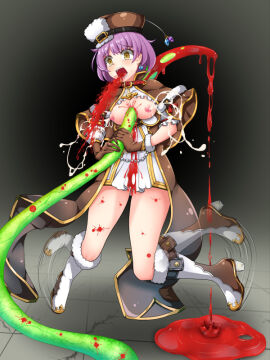 arch_mage_(ragnarok_online) blood_splatter blush boots breasts brown_boots brown_capelet brown_gloves brown_hat capelet clothing cra4 death dress earrings eye_brooch female female_death full_body fur-trimmed_boots fur_trim gloves gold_trim gore grey_background guro hat high_heels impalement jewelry lactation medium_breasts multicolored_boots nipples open_mouth purple_hair ragnarok_online short_hair small_breasts solo sphere_earrings spitting spitting_blood tentacle two-tone_boots white_boots white_dress yellow_eyes